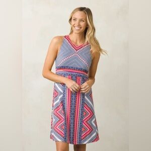 Prana Sleeveless Geometric Midi Dress in Navy and Coral